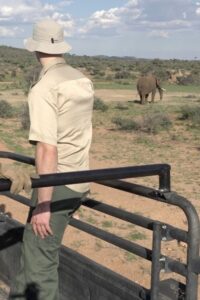 Volunteer standing on a patrol vehicle observing a wild elephant in Namibia’s savannah